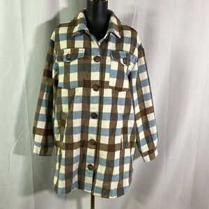 C&C California Blue & Brown Plaid Oversized Button Front Shacket